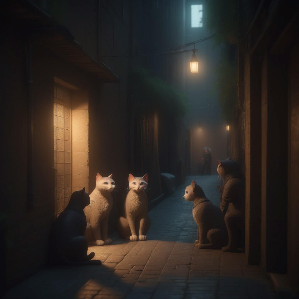 A group of humans, huddled together in a dimly lit alleyway, whispering and gesturing as they try to learn the new language, with a wise old cat watching over them, its eyes gleaming with a knowing intensity, warm and cozy lighting, 4k, trending on cgsociety