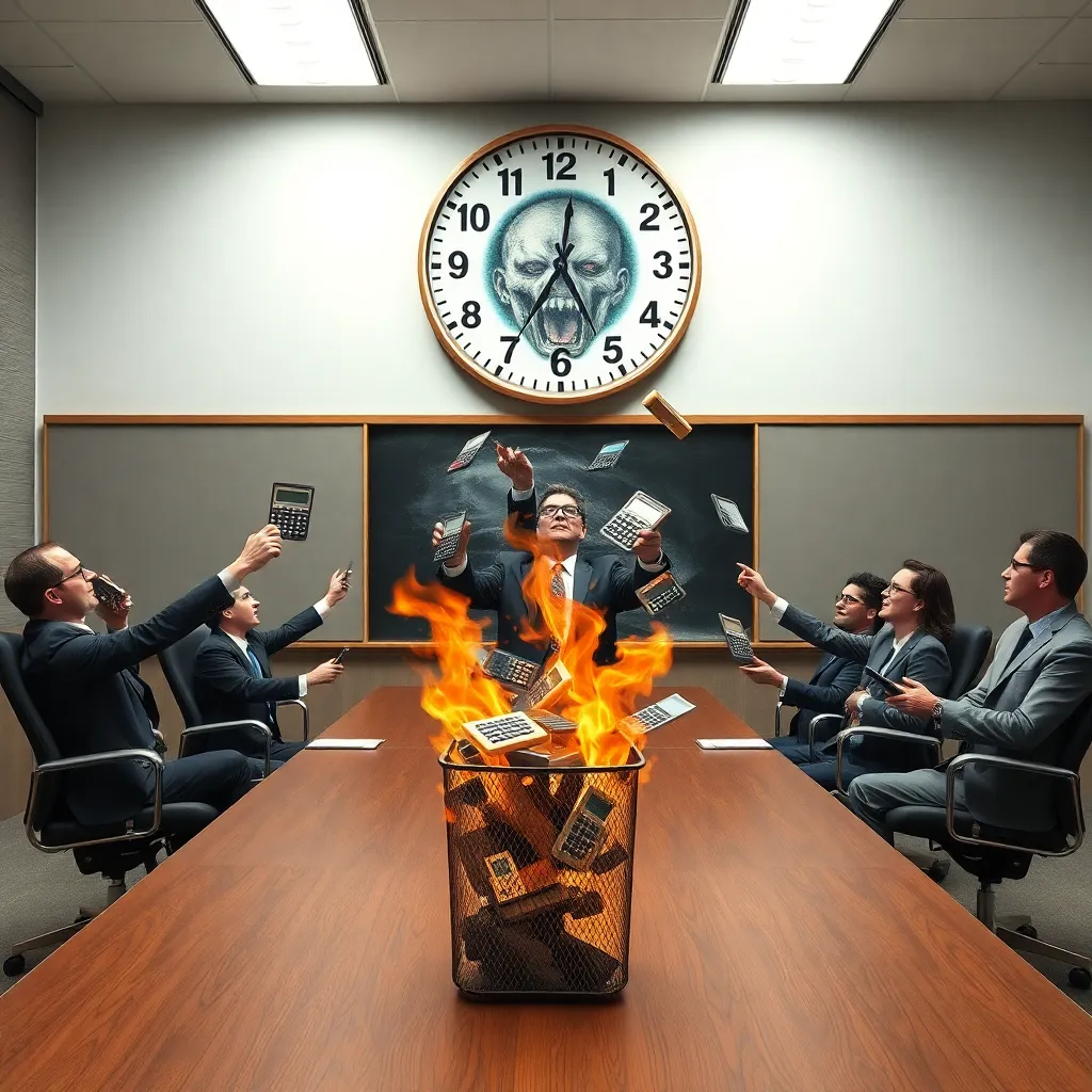 An office meeting room where the wall clock has no numbers, only a painting of a screaming face, and executives are throwing calculators into a trash fire in the center of the room, surrealist corporate style