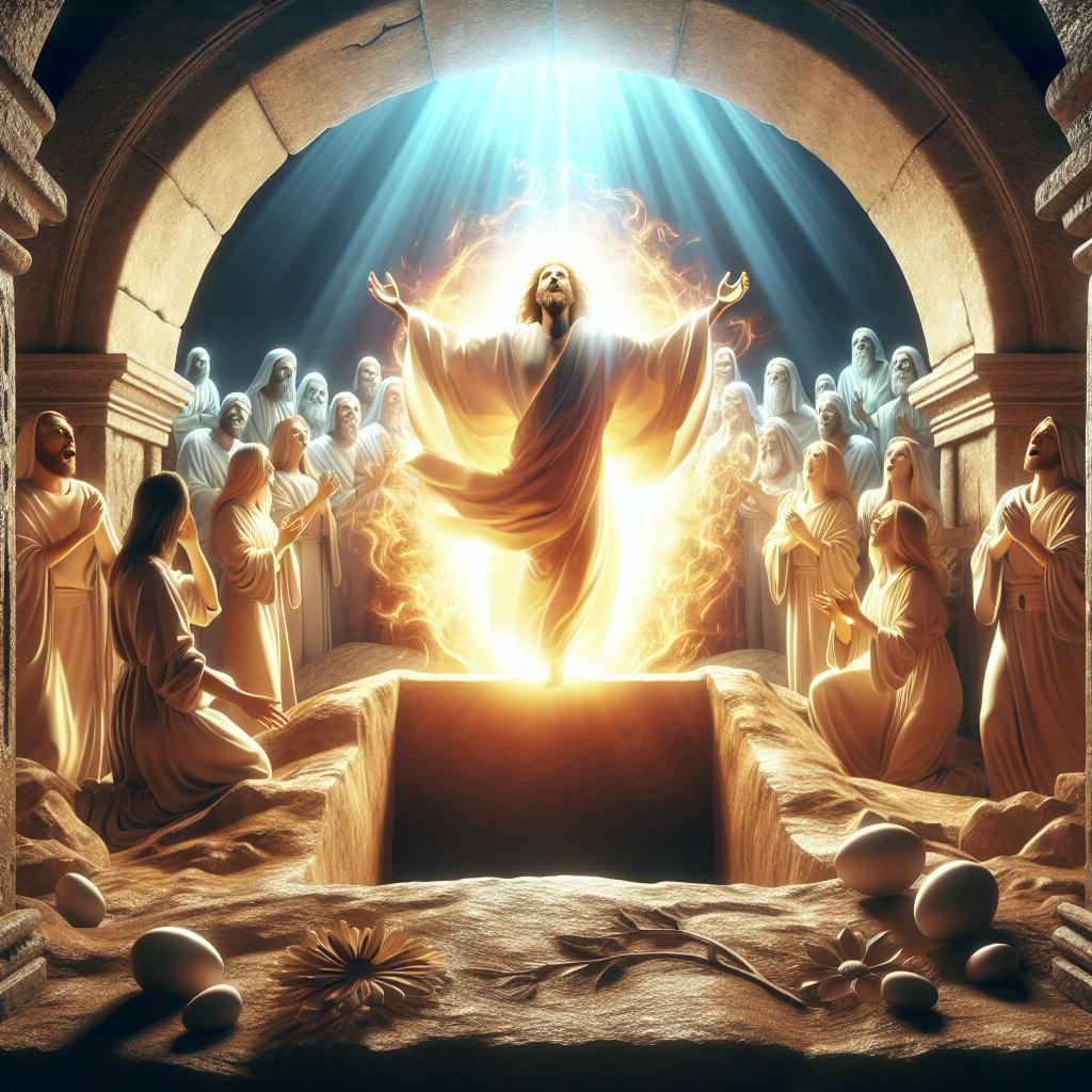 A dramatic and radiant scene of the resurrection, with a glowing and triumphant Jesus emerging from the tomb, surrounded by astonished followers, high detail, realistic, ethereal lighting