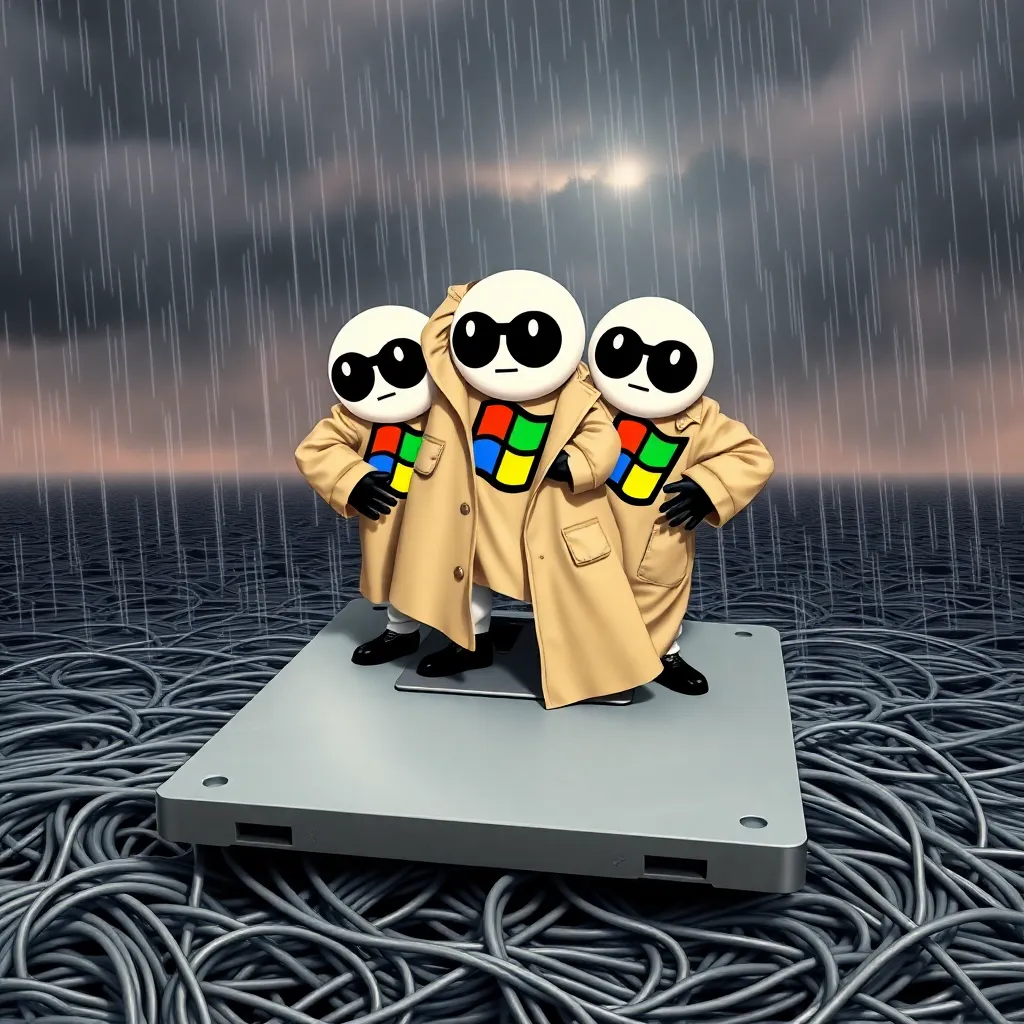 Three tiny, arguing Windows logos (95, XP, 11) crammed into an oversized, rumpled beige trench coat, standing on a giant floppy disk floating in a sea of tangled Ethernet cables, stormy sky with pixelated rain