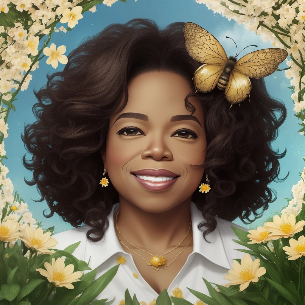 Oprah surrounded by blooming flowers and bees