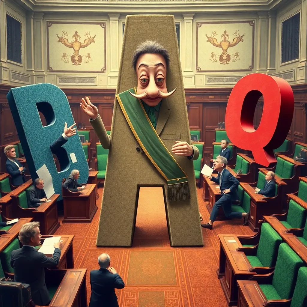 a parliamentary chamber filled with giant anthropomorphic letters arguing, the letter A at the center wearing a confident statesman sash, B waving documents, Q pacing furiously near green benches, surreal political drama, richly detailed