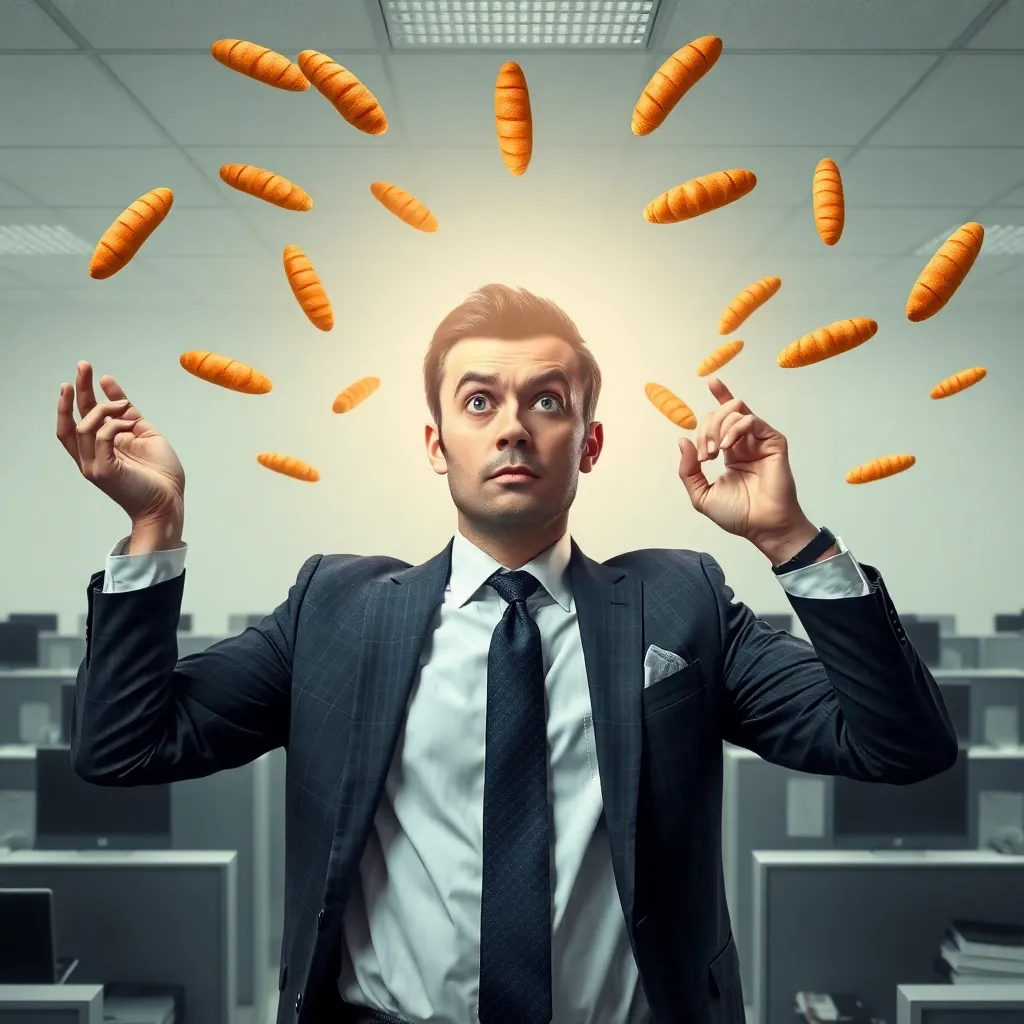 Confused businessman in suit holding glowing forehead while floating above office cubicles, tiny baguettes orbiting his head, photorealistic