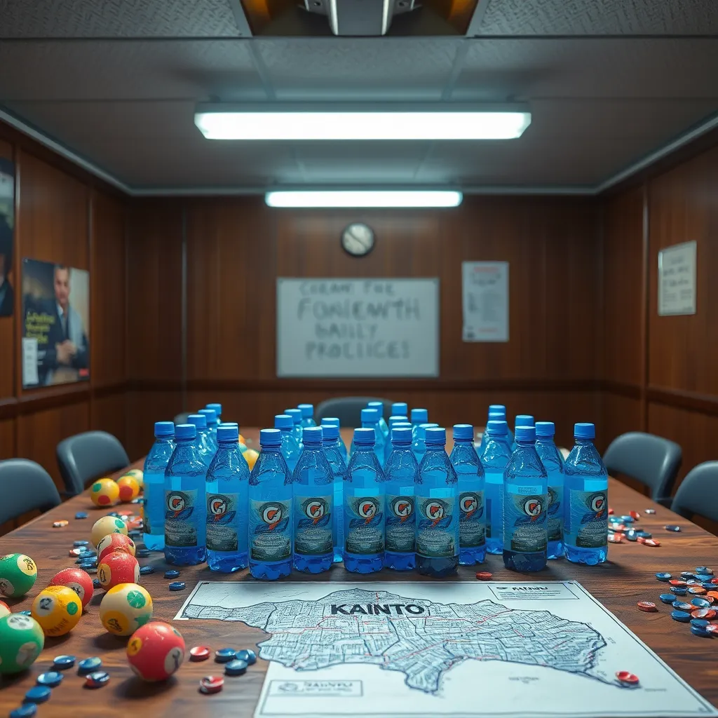 A police evidence table covered in spray-painted billiard balls, blue Gatorade bottles, bottle caps, and a crude map of the neighborhood labeled 'Kanto Region', harsh fluorescent precinct lighting