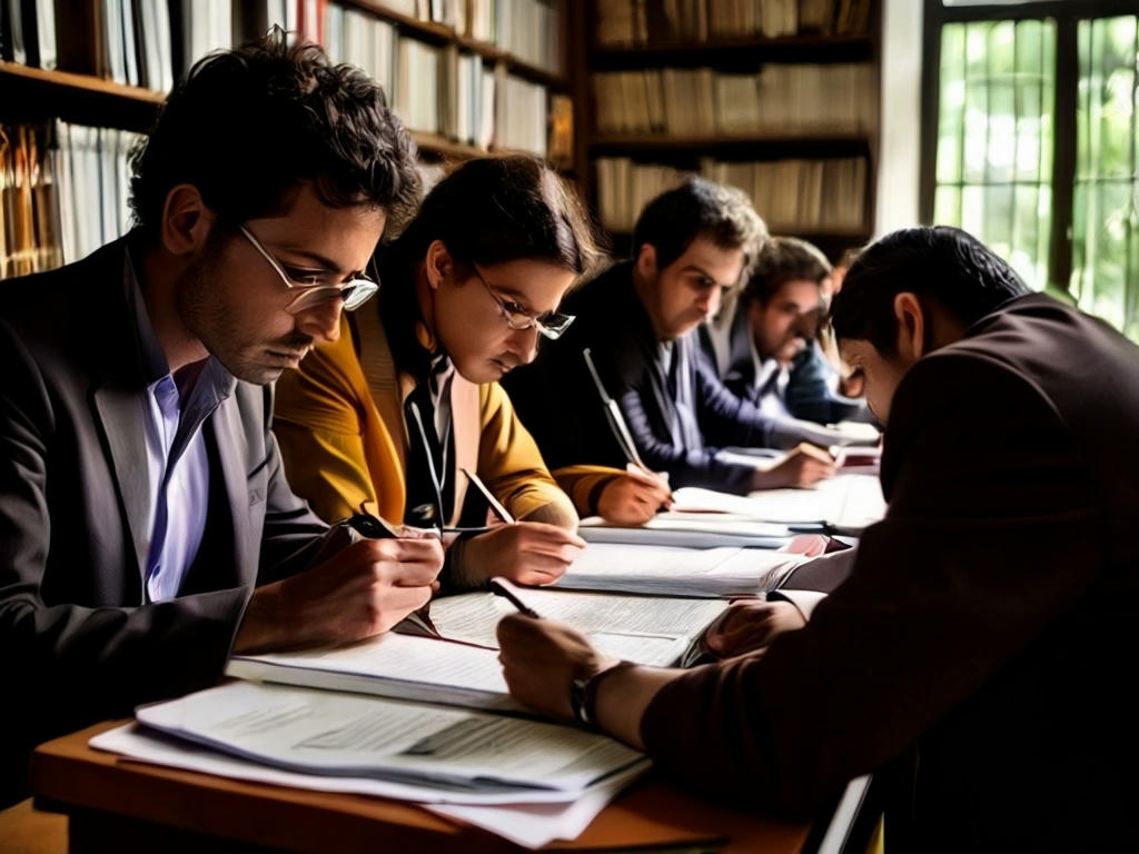 jornalistas investigando documentos e entrevistando fontes em um escritório