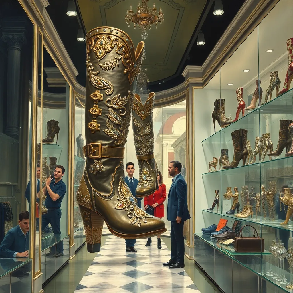 A high-end fashion boutique selling massive, ornate lead boots decorated with jewels, customers floating near the ceiling trying to reach the shelves, surrealist oil painting style