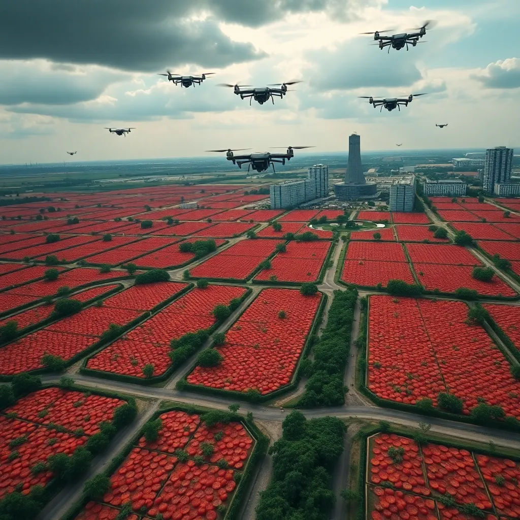 a landscape of endless tomato fields and pepperoni factories, with pizza delivery drones flying overhead