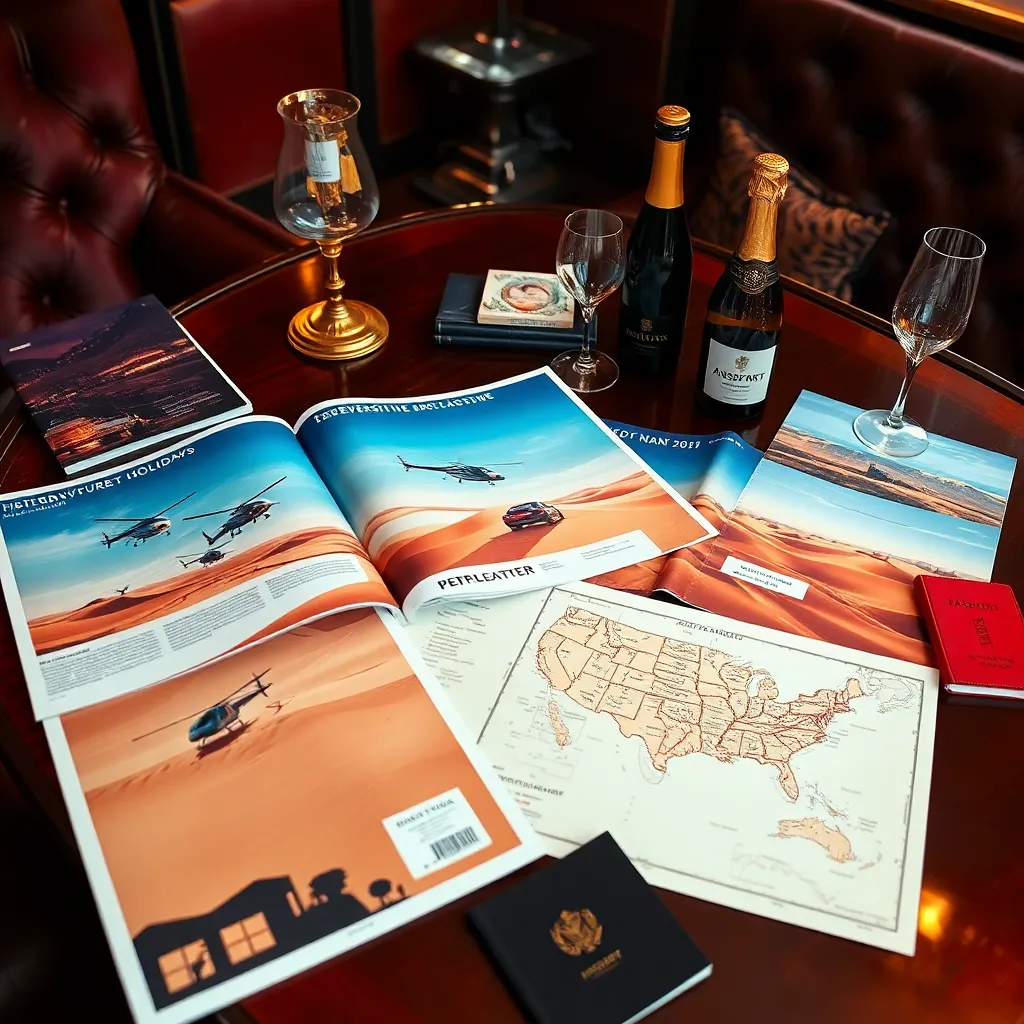 a surreal luxury travel brochure scene on a table, glossy pamphlets advertising strange adventure holidays with helicopters, desert convoys, velvet lounge decor, passports, champagne, maps with secret routes, stylish but ominous vacation branding