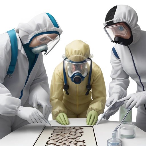 Scientists examining a slide of mutant mushroom tissue