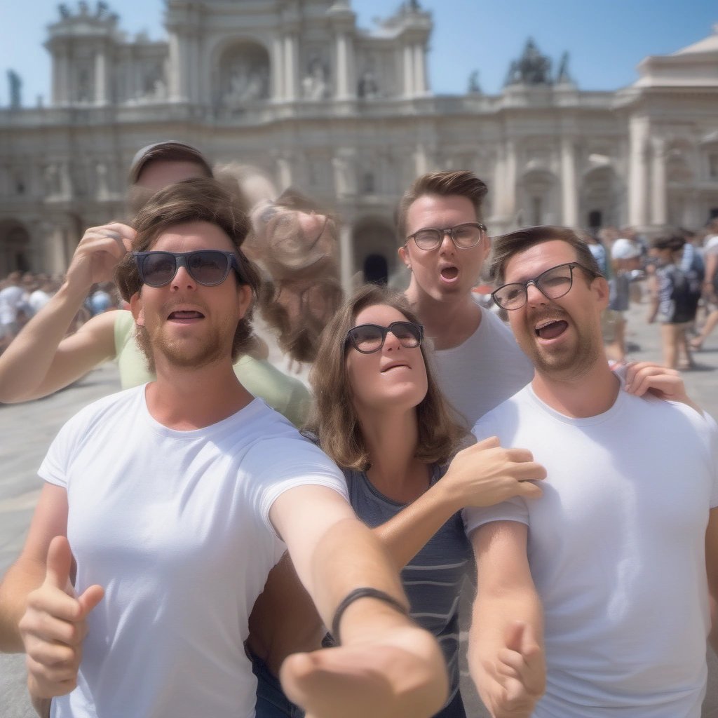 Tourists taking selfies imitating nerd's wedgie
