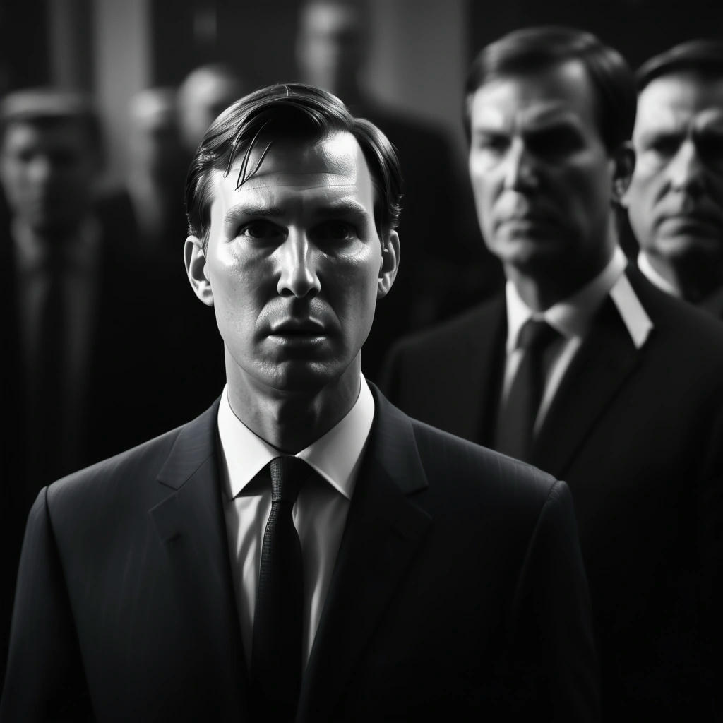 A stylized illustration of Kushner's connections to Russian officials, with a faint image of Trump's face in the background, looking worried and anxious, high contrast, cinematic lighting, 4k, trending on cgsociety