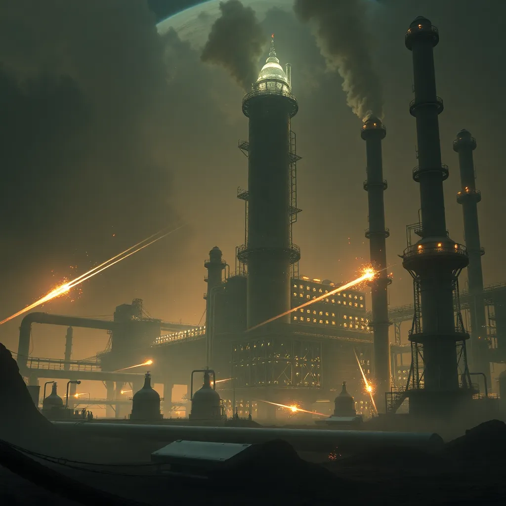 colossal dark matter processing factory on a hostile alien world, gigantic pipes, black glowing reactors, industrial towers damaged by precise futuristic strikes, smoke and sparks in low gravity, dramatic sci-fi realism