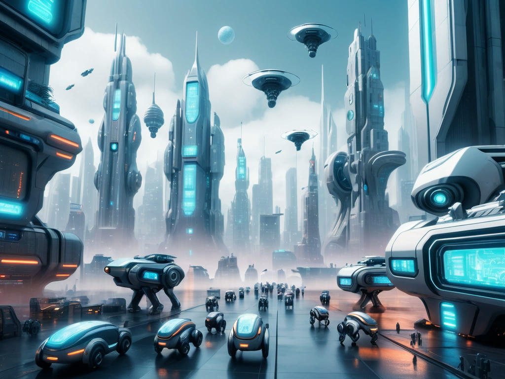 a futuristic cityscape with robots and AI-powered machines, a sense of uncertainty and unease in the air