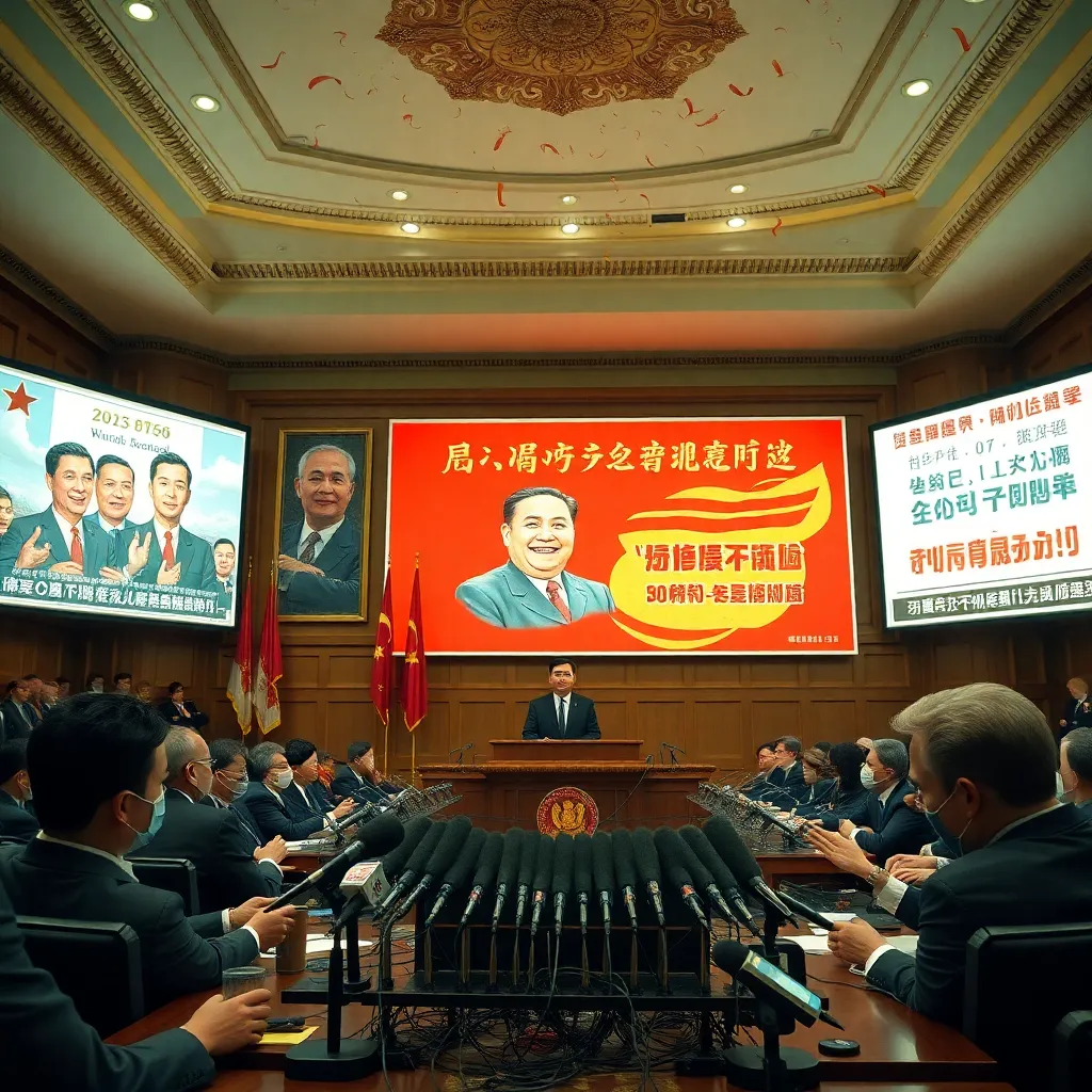 opulent press conference room with absurd propaganda posters, polished officials smiling too widely, microphones, giant screens showing contradictory statistics and triumphal slogans, confetti, surreal bureaucratic realism, cinematic composition