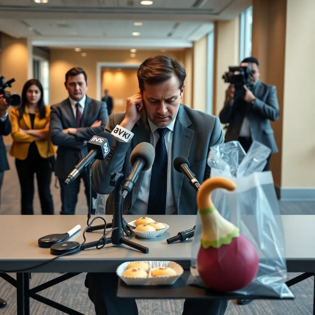 corporate press briefing in a lobby, exhausted CTO at a folding table with microphones, untouched mini muffins, anxious employees in background, evidence bag containing a tiny novelty turnip-shaped horn, realistic newsroom style photography